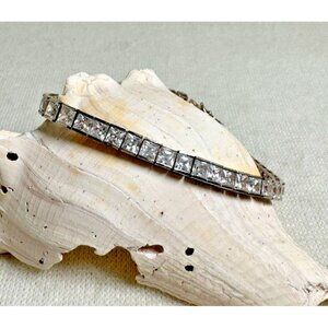 Sterling Silver Tennis Bracelet with Princess Cut CZs - Signed LL - 8"